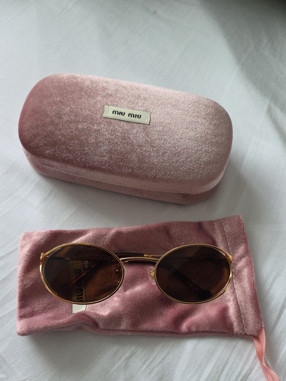 Miu Miu Gold Frame Sunglasses with Brown Lenses and Pink Velvet Case